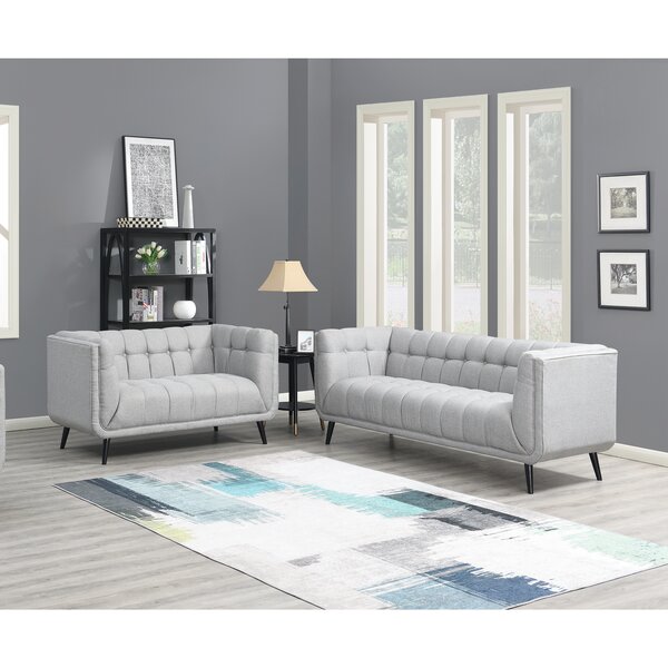 Modern Mid-Century 2-Piece Button Tufted Upholstered Living Room Sofa Set,  Sofa & Loveseat, Gray